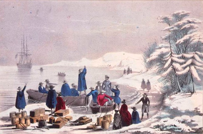 Пилигримы, причалившие к Плимутской скале 11 декабря 1620 года. Гравюра издательства Sarony_Major.1846 г.