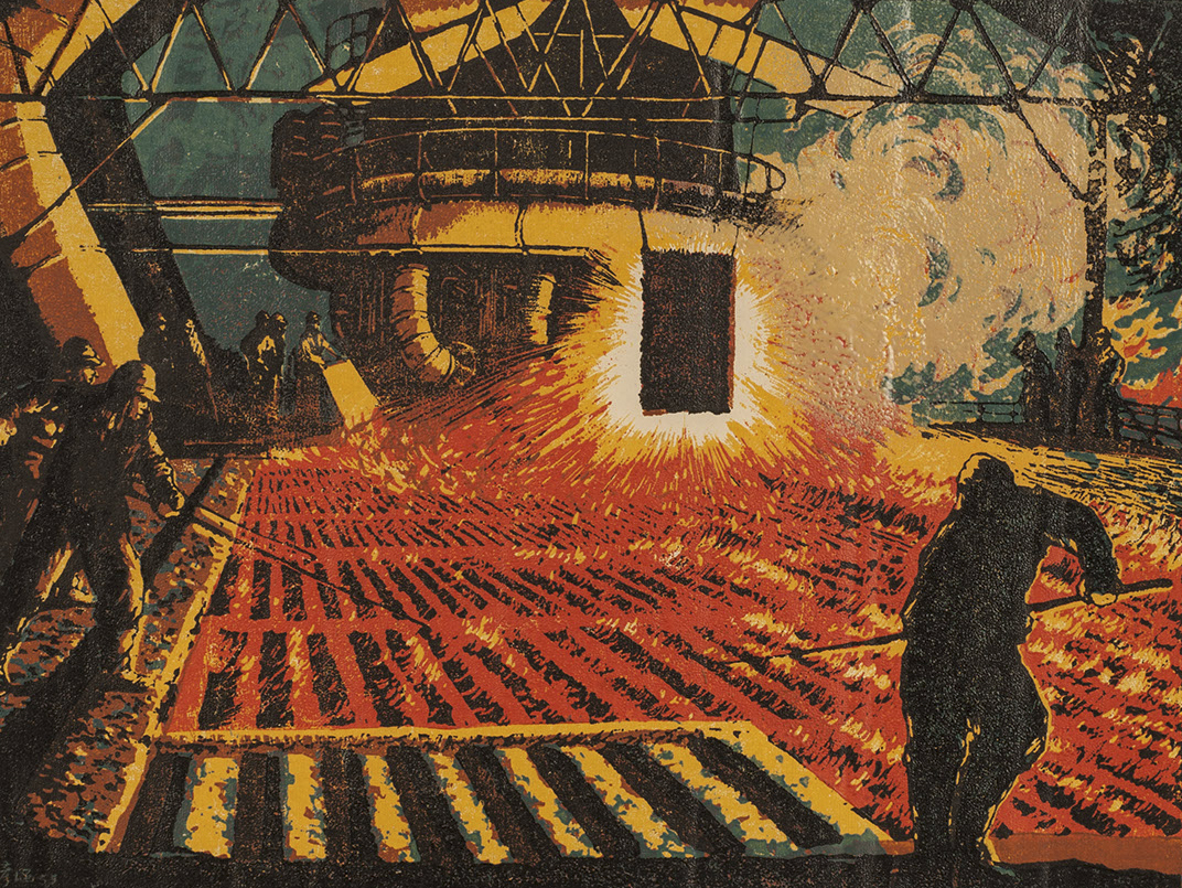 Янь Хань. На заводе - плавка стали. Китай. 1951 г. Бумага, ксилография цветная.  Из коллекции ГМВ