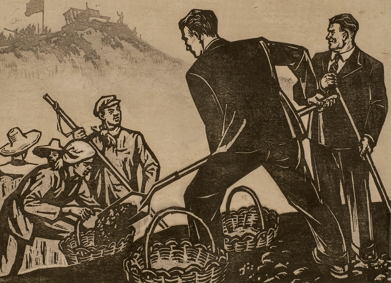 Ли Хуа. Шисаньлин суу сактагычын курууга советтик достордун жардамы. Кытай. 1958-ж. Кагаз, түсүү ксилография, кездеме. ГМВдин коллекциясынан